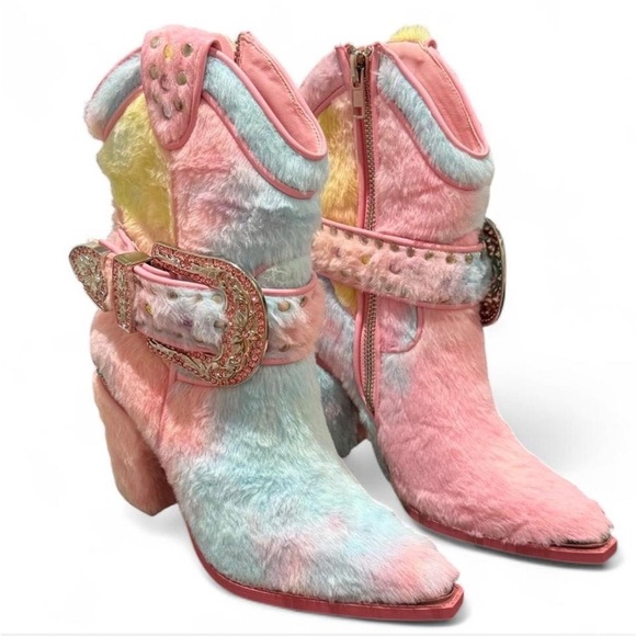 Dolls Kill Shoes - Club Exx Sharp Sheriff Shine Cowboy Boots Rainbow Faux Fur & Rhinestones, Rave